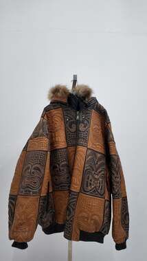 RARE DAMU Leather Tiki Face Jacket 7XL - Embossed Patchwork Biker - Hooded
